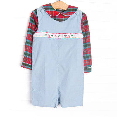 his set features a red and green top with a peter pan collar and a light blue corduroy shortall with candy cane smocking.
