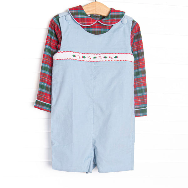 his set features a red and green top with a peter pan collar and a light blue corduroy shortall with candy cane smocking.