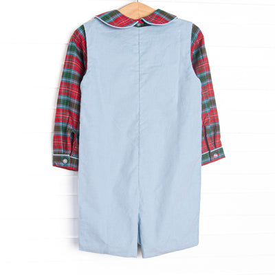 Bleu: Cranberry and Cane Smocked Long Sleeve Shortall Set, Christmas Plaid and Blue Corduroy