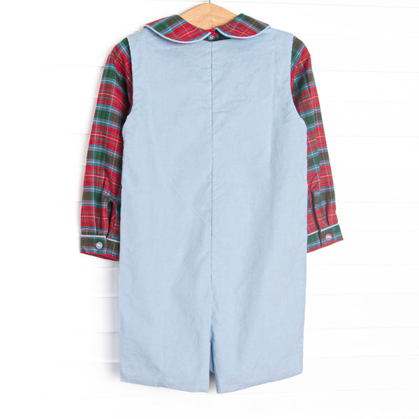 Bleu: Cranberry and Cane Smocked Long Sleeve Shortall Set, Christmas Plaid and Blue Corduroy