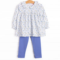 This&nbsp;set&nbsp;features a long sleeve top in a darling blue floral print, a peter pan collar and blue knit leggings to match.