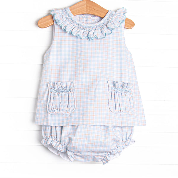 Bleu: Greer Smocked Diaper Set, Blue Plaid