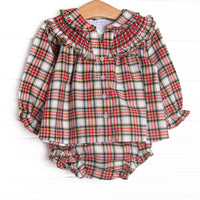  This set features red tartan material, dainty smocking, and a ruffle collar. Coordinating diaper cover to match. 