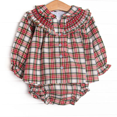  This set features red tartan material, dainty smocking, and a ruffle collar. Coordinating diaper cover to match. 