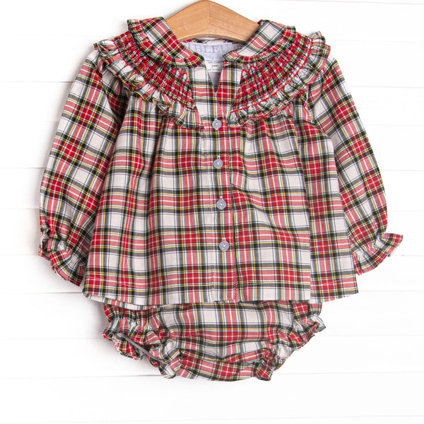  This set features red tartan material, dainty smocking, and a ruffle collar. Coordinating diaper cover to match. 