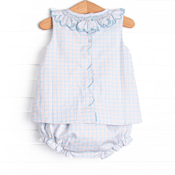 Bleu: Greer Smocked Diaper Set, Blue Plaid