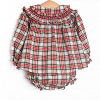 Bleu: Lenora Smocked Collared Diaper Set, Red Tartan