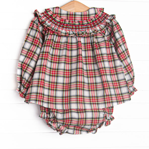 Bleu: Lenora Smocked Collared Diaper Set, Red Tartan