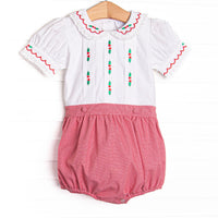 This button-on bubble features white fabric, red mini gingham fabric, holly embroidery, and a white Peter Pan collar.