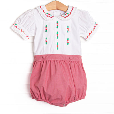 This button-on bubble features white fabric, red mini gingham fabric, holly embroidery, and a white Peter Pan collar.