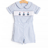 Bleu: Sullivan Sails Smocked Button On Short Set, Blue Stripe