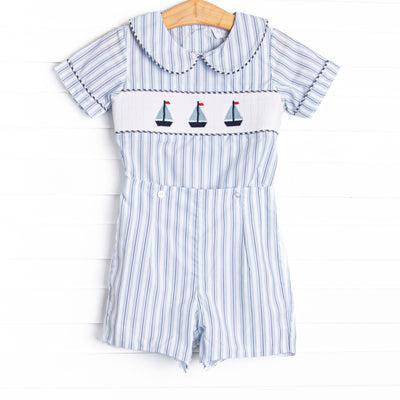 Bleu: Sullivan Sails Smocked Button On Short Set, Blue Stripe