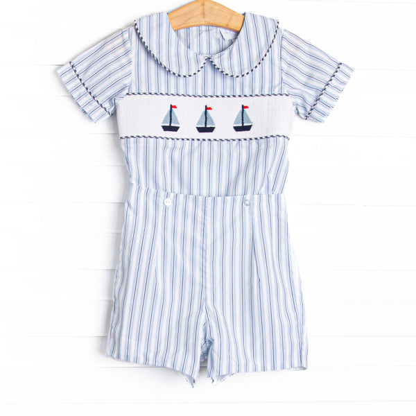 Bleu: Sullivan Sails Smocked Button On Short Set, Blue Stripe