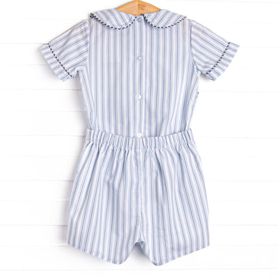 Bleu: Sullivan Sails Smocked Button On Short Set, Blue Stripe