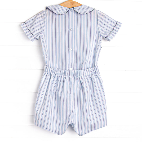 Bleu: Sullivan Sails Smocked Button On Short Set, Blue Stripe