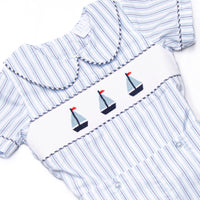 Bleu: Sullivan Sails Smocked Button On Short Set, Blue Stripe
