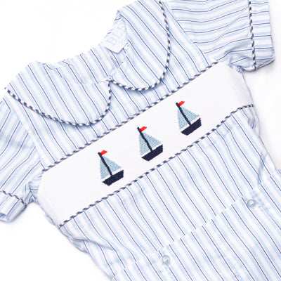 Bleu: Sullivan Sails Smocked Button On Short Set, Blue Stripe
