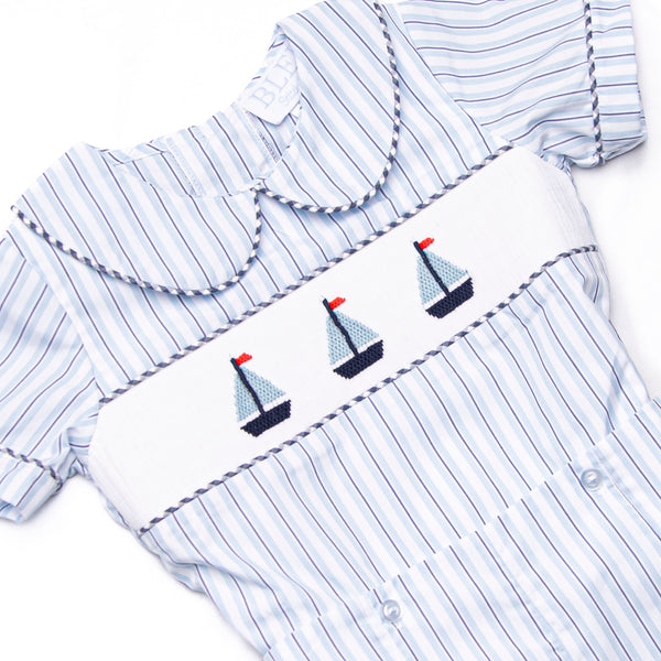 Bleu: Sullivan Sails Smocked Button On Short Set, Blue Stripe