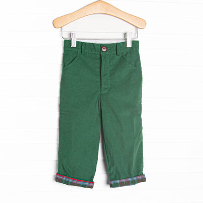 These pants features a green corduroy fabric, a red and green plaid trim, and belt loop details.