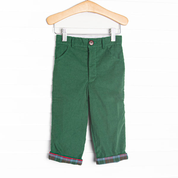These pants features a green corduroy fabric, a red and green plaid trim, and belt loop details.