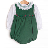 This bubble set features a white top with a ruffle collar and a green corduroy bubble with plaid front buttons.