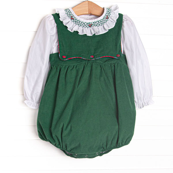 This bubble set features a white top with a ruffle collar and a green corduroy bubble with plaid front buttons.