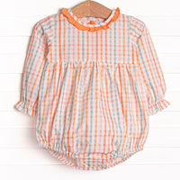 Patchwork Plaid Ruffle Neck Bubble, Orange
