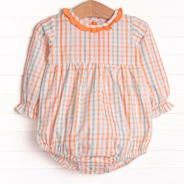 Patchwork Plaid Ruffle Neck Bubble, Orange