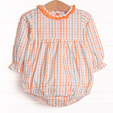 Patchwork Plaid Ruffle Neck Bubble, Orange