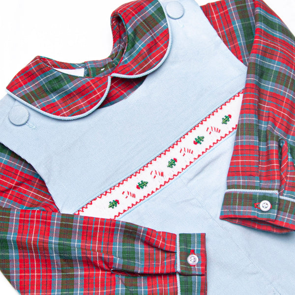 Bleu: Cranberry and Cane Smocked Long Sleeve Shortall Set, Christmas Plaid and Blue Corduroy
