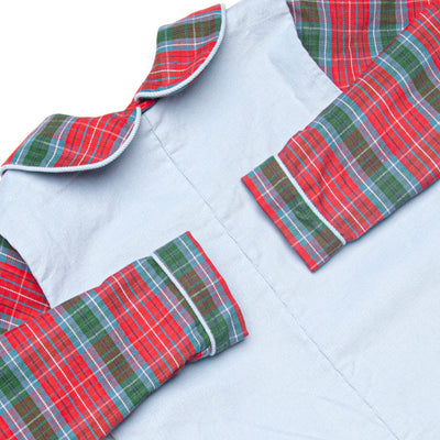 Bleu: Cranberry and Cane Smocked Long Sleeve Shortall Set, Christmas Plaid and Blue Corduroy