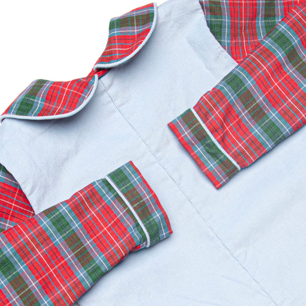 Bleu: Cranberry and Cane Smocked Long Sleeve Shortall Set, Christmas Plaid and Blue Corduroy