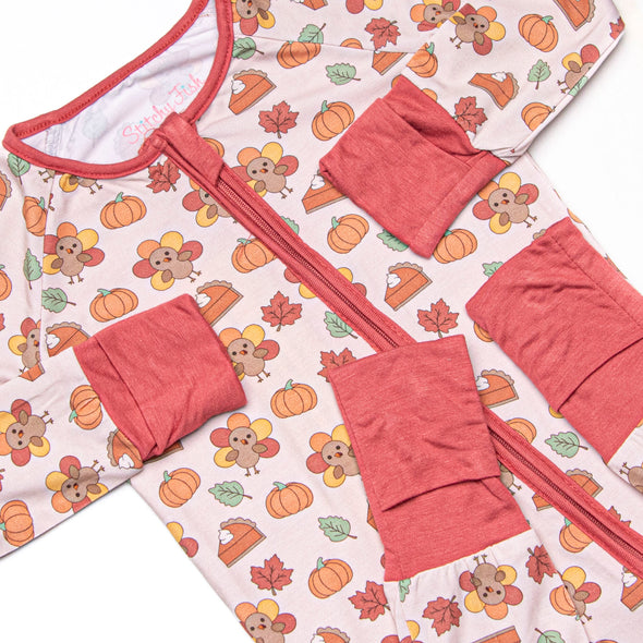 Turkeys and Treats Bamboo Zippy Pajama, Red