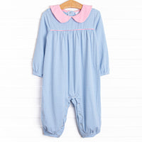 Your little one will look adorable in this blue striped romper with contrasting pink Peter Pan Collar.