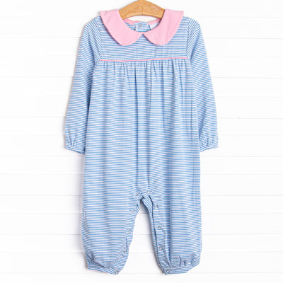 Your little one will look adorable in this blue striped romper with contrasting pink Peter Pan Collar.