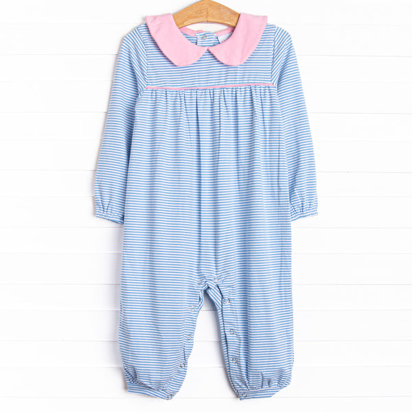 Your little one will look adorable in this blue striped romper with contrasting pink Peter Pan Collar.