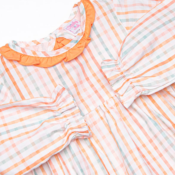 Patchwork Plaid Ruffle Neck Bubble, Orange