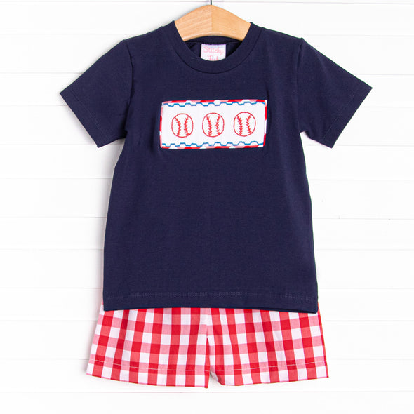 Big League Baller Smocked Short Set, Navy