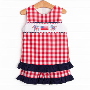 Free to Sparkle Ruffle Short Set, Red Check