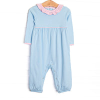 The romper features a pink striped ruffle collar, blue soft knit material, and snaps along the stride to make changing a breeze.