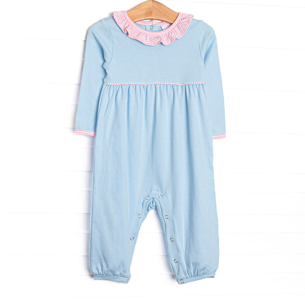 The romper features a pink striped ruffle collar, blue soft knit material, and snaps along the stride to make changing a breeze.