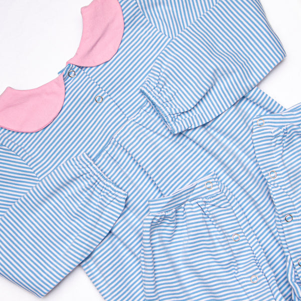 Karina Romper, Pink and Medium Blue Stripe