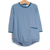  This cozy knit favorite is a staple for every little guy's closet. Featured here in Prussian blue stripes with a front pocket. 