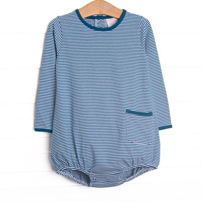  This cozy knit favorite is a staple for every little guy's closet. Featured here in Prussian blue stripes with a front pocket. 