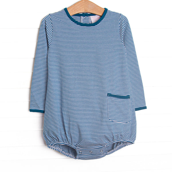  This cozy knit favorite is a staple for every little guy's closet. Featured here in Prussian blue stripes with a front pocket. 