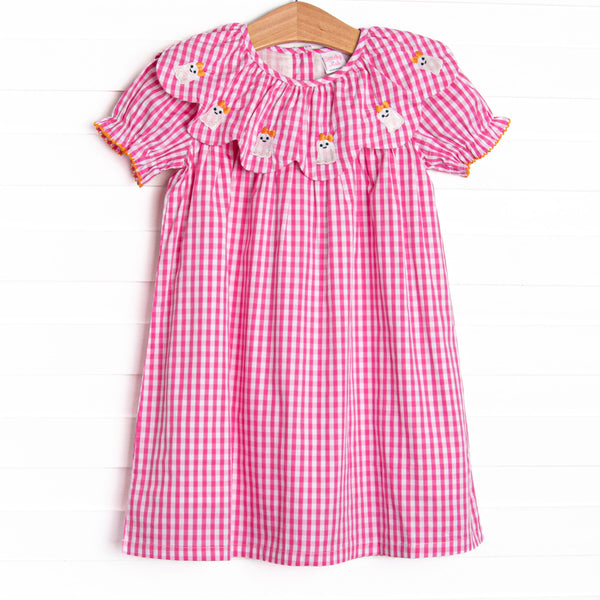 Ghoul Girl Embroidered Dress, Pink Gingham