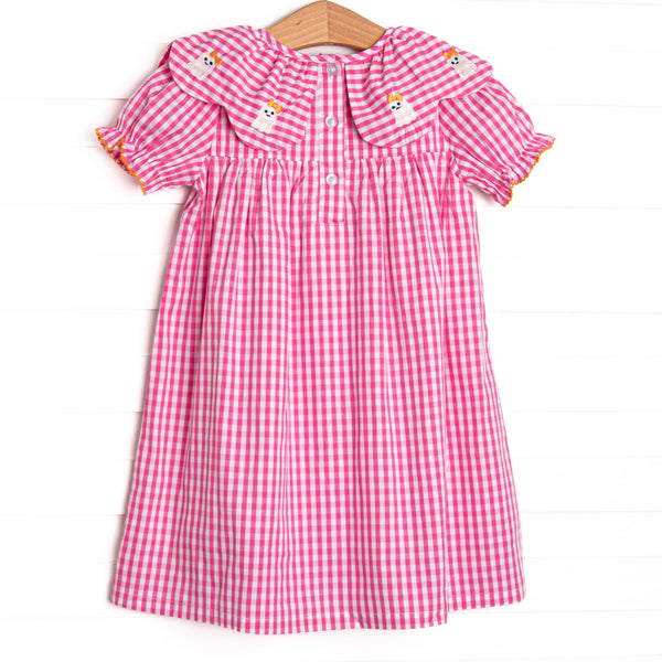Ghoul Girl Embroidered Dress, Pink Gingham