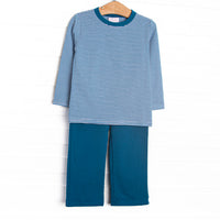  This set features blue stripe knit fabric, long sleeves, and blue trim. Coordinating blue pants to match. 