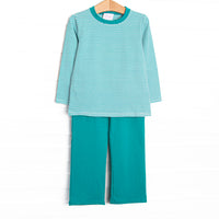  This set features teal stripe knit fabric, long sleeves, and teal trim. Coordinating teal pants to match. 