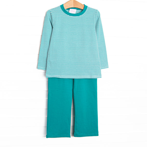  This set features teal stripe knit fabric, long sleeves, and teal trim. Coordinating teal pants to match. 